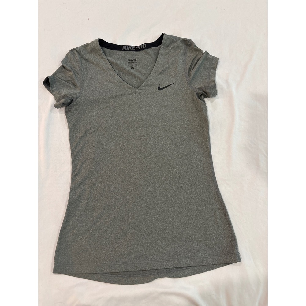 Nike Pro Womens Gray V-Neck Short Sleeve Training Shirt Heathered Athletic Top M